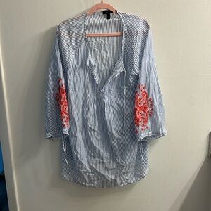 EUC J.Crew blue & white swimsuit cover up; orange embroidered sleeve detail.